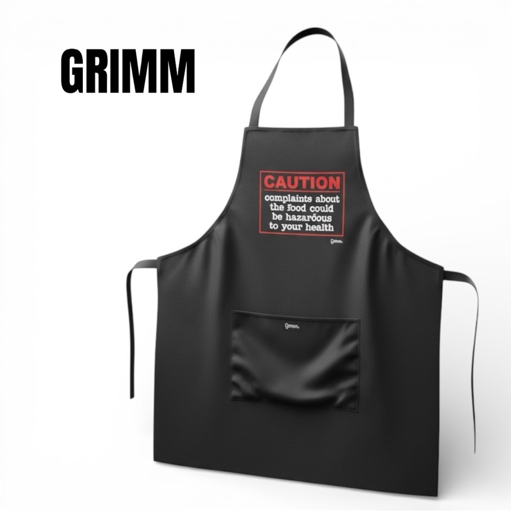 Grimm Black 'Caution' Graphic Kitchen Apron NWOT